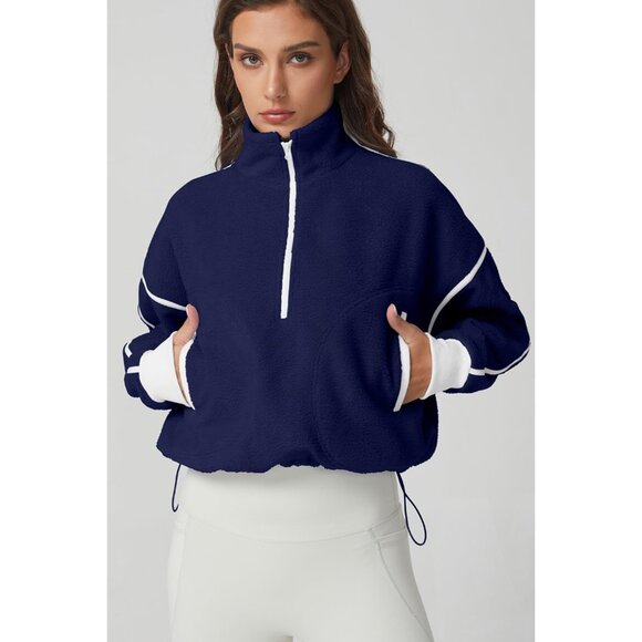 Women's Navy Half Zip Fleece Short Pullover Long Sleeve Cozy Sherpa Sweater - Picture 5 of 6